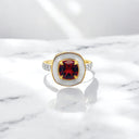 Cushion Cut Garnet and White Enamel Ring in 22kt Yellow Gold Plated 925 Sterling Silver