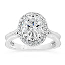 Anillo de compromiso con vástago dividido y halo de diamantes cultivados en laboratorio ovalados de 2,93 quilates en oro blanco de 14 quilates