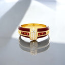 Princess Cut Garnet and Lab Diamond Red Enamel Ring in 18kt Yellow Gold Plated 925 Sterling Silver