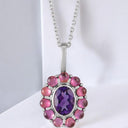 Oval Amethyst and Rhodolite Garnet Halo Pendant in 925 Sterling Silver