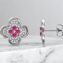 Pink Tourmaline and Round Diamond Clover Earrings in 14kt White Gold