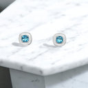 Cushion Cut Blue Topaz and White Enamel Stud Earrings in 925 Sterling Silver