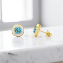Cushion Cut Blue Topaz and White Enamel Stud Earrings in 22kt Yellow Gold Plated 925 Sterling Silver
