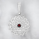 Round Garnet and White Enamel Flower Pendant in 925 Sterling Silver