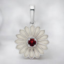 Round Garnet and White Enamel Flower Pendant in 925 Sterling Silver