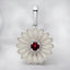 Round Garnet and White Enamel Flower Pendant in 925 Sterling Silver