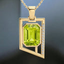 Emerald Cut Peridot and Diamond Asymmetrical Pendant in 14kt Yellow Gold