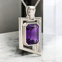 Emerald Cut Amethyst and White Zircon Asymmetrical Pendant in 925 Sterling Silver