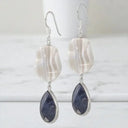 Wavy Gray Agate and Lapis Dangle Earrings in 925 Sterling Silver