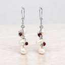 White Cultured Pearl and Garnet Earrings in 925 Sterling Silver