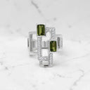 Green Tourmaline and Lab Created Diamond Geometric Deco Ring in 925 Sterling Silver