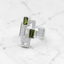 Green Tourmaline and Lab Created Diamond Geometric Deco Ring in 925 Sterling Silver