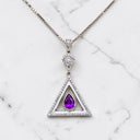 Amethyst and Diamond Triangular White Enamel Pendant in 14kt White Gold